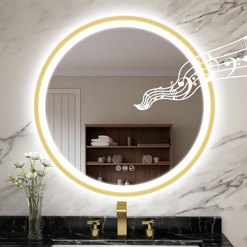STARLEAD 60 cm Kerek Fürdőszobai Tükör LED Világítással, Bluetooth Hangszórókkal, Páramentesítő Funkcióval, 3 Színhőmérséklettel, IP44 Arany