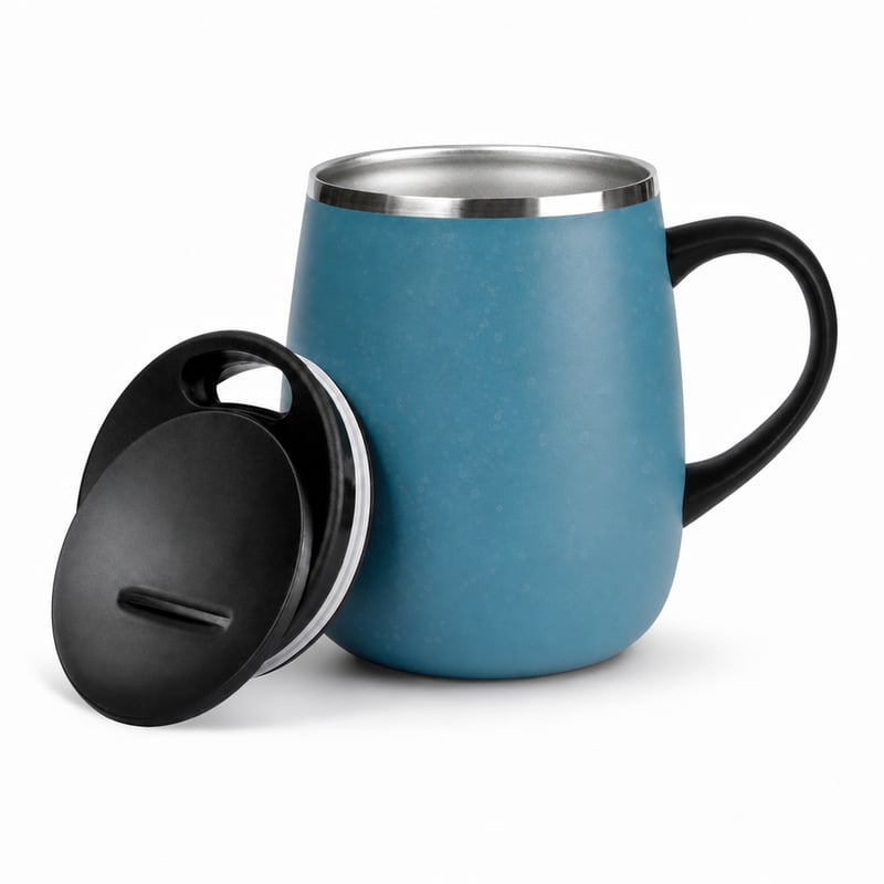 Izolovaný hrnček na kávu GrandTies Atlantis Blue s rukoväťou a posuvným viečkom, 16 oz, dvojstenný — odskúšaný (stav: pozri 2. obrázok)
