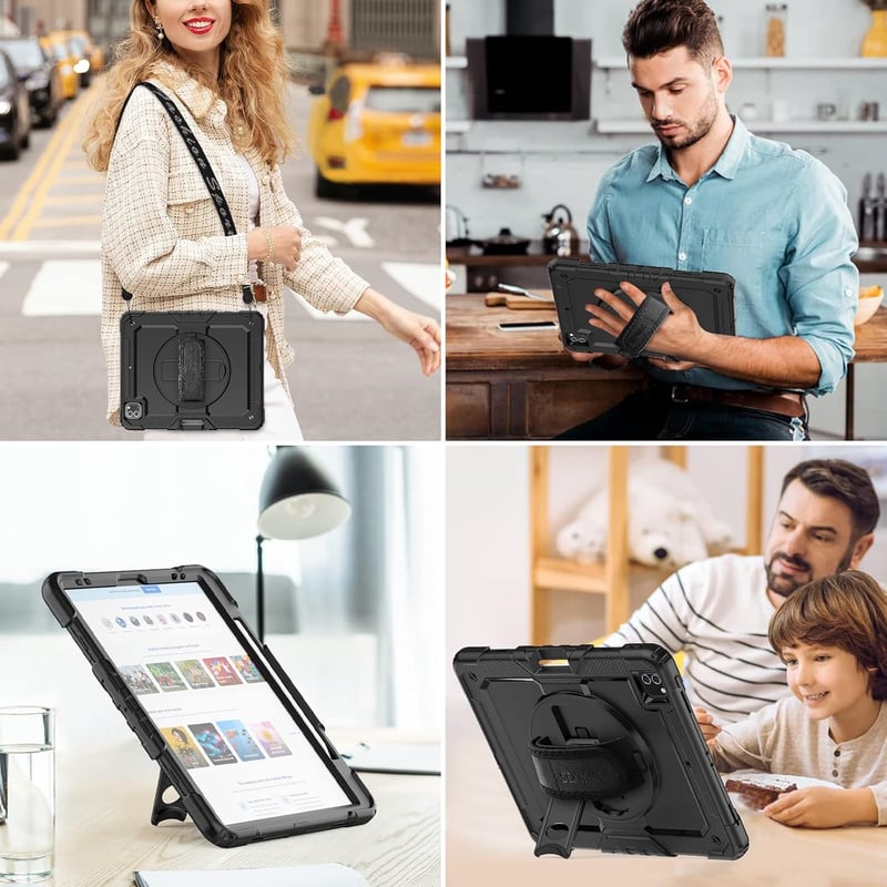 iPad Pro 12.9 360°-os forgatható, ütésálló tok vállpánttal - SEYMAC fekete védőtok