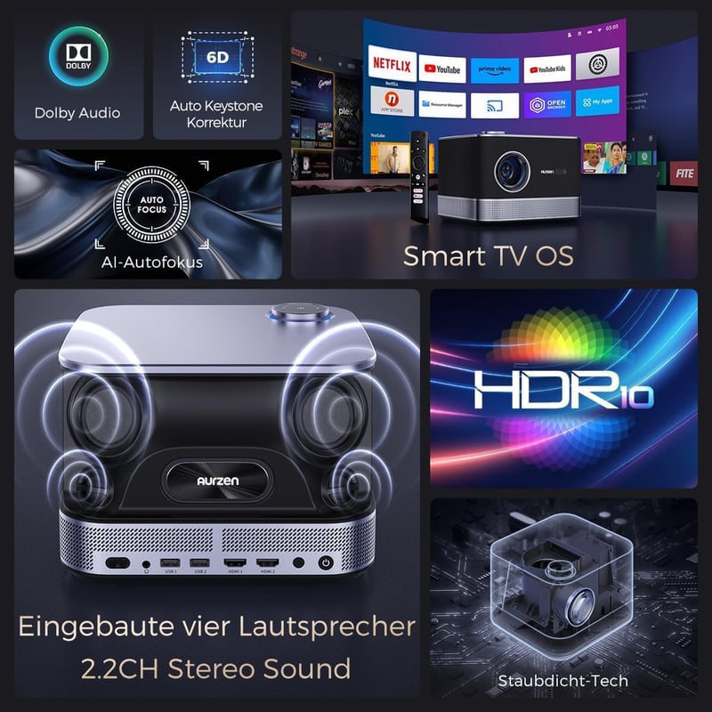 AURZEN Boom 3 Projektor Hivatalos Netflix 3D Dolby Hangzással - 4K Autofókusz, WiFi6, Bluetooth, HDR10, 1080P Full HD Házimozi Vetítő