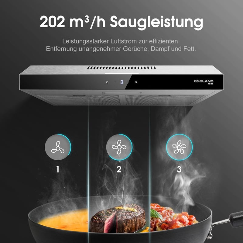 Gasland Chef SR60SS Páraelszívó 60 cm Rozsdamentes Acél Érintőképernyős Vezérlés 202 m³/h Szénszűrő LED Világítás - 60 cm, Silver