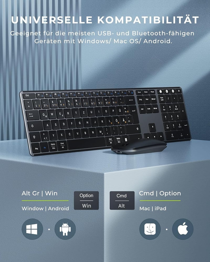 seenda Fém Bluetooth Billentyűzet és Egér Szett - Újratölthető, Kettős Üzemmódú (USB+BT), Ultravékony, Csendes, QWERTZ Kiosztású, PC/Tablet/