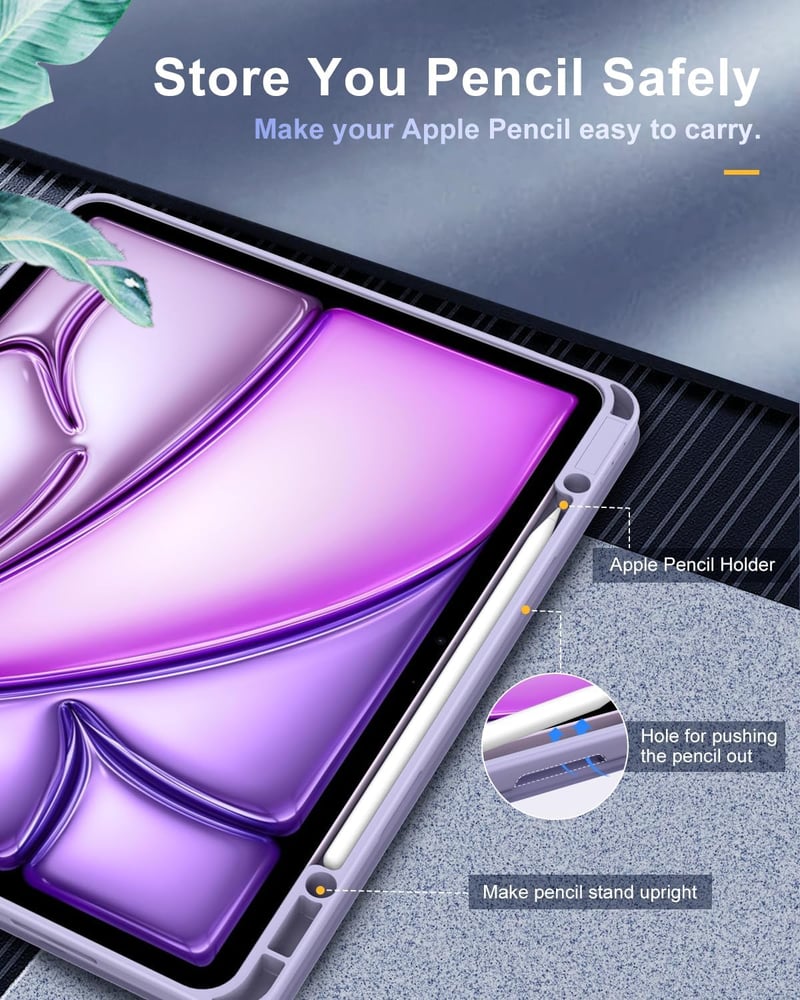 TiMOVO iPad Air 13 (M2) 2024 védőtok, tolltartóval, átlátszó hátlappal, állvány funkcióval, automatikus alvás/ébresztés, lila
