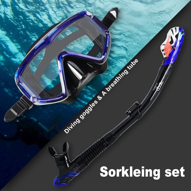 Pano 3 ablakos búvármaszk és légzőcső szett felnőtteknek, kék - Párásodásgátló profi snorkel felszerelés