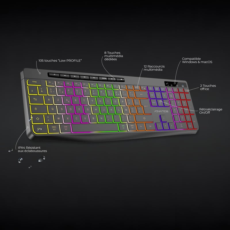 AD ADVANCE R Type Vezeték Nélküli Billentyűzet - Csendes, Tölthető, RGB Háttérvilágítás, Francia Kiosztás, Windows/Mac Kompatibilis