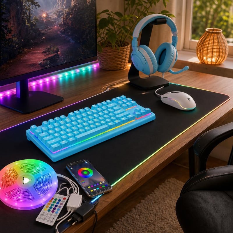 RGB gamerasztal-indító: 5 m LED-szalag + RGB billentyűzet + gamer egér + gamer headset