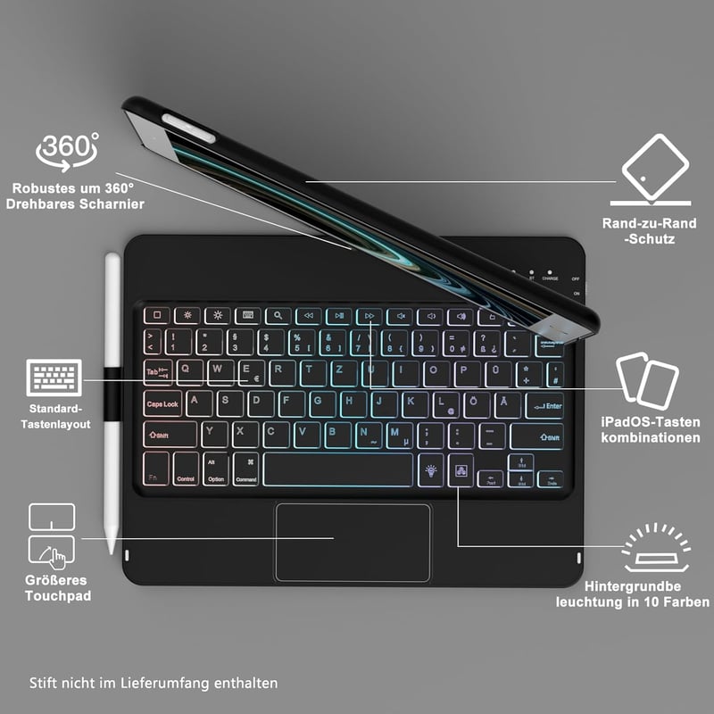 TQQ iPad 10.2" Billentyűzet Tok Precíziós Trackpaddal - 7-8-9. Generációs iPad Védőtok, 10 Színű Háttérvilágítás, 360° Forgatható, Német QWE