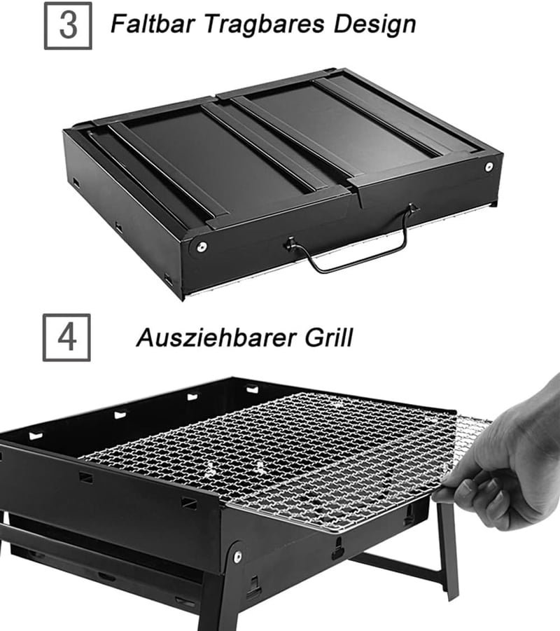 ROIMOE Hordozható Faszenes Grillsütő - Összecsukható Asztali BBQ Grill Kempingezéshez, Piknikezéshez, Fekete, Nagy Méret (43x29x22 cm)