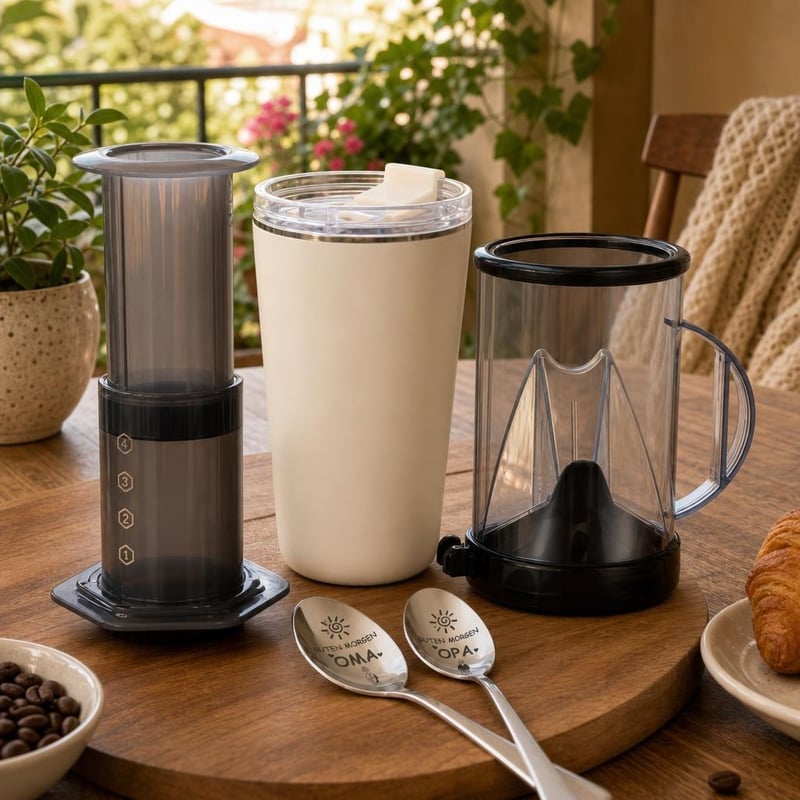 Kávový rituál na cesty: kávovar + termoska 380 ml + dávkovač + 2× lyžička