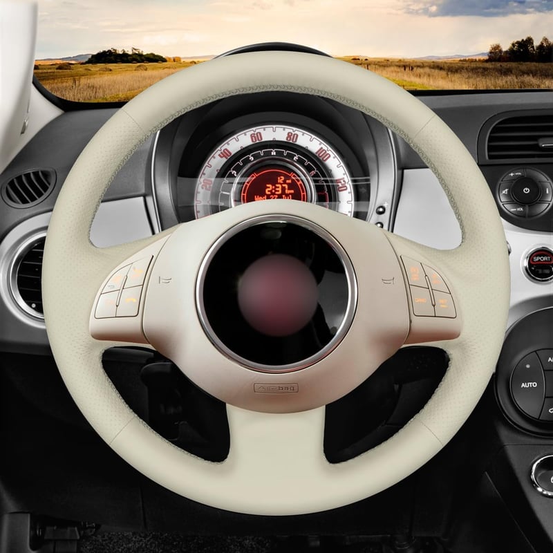 MEWANT Kormányvédő Huzat Fiat 500 (2008-2012) Modellekhez - DIY Kézi Varrású, Bézs Mikroszálas Bőr, Csúszásgátló, Kényelmes Fogás