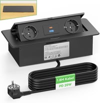 HANNELORE Süllyeszthető Alumínium Asztali Elosztó 2 Aljzattal, USB-C PD 20W és USB-A Gyorstöltővel, 1,8m Kábel, Munkalapba Építhető, Fekete 1