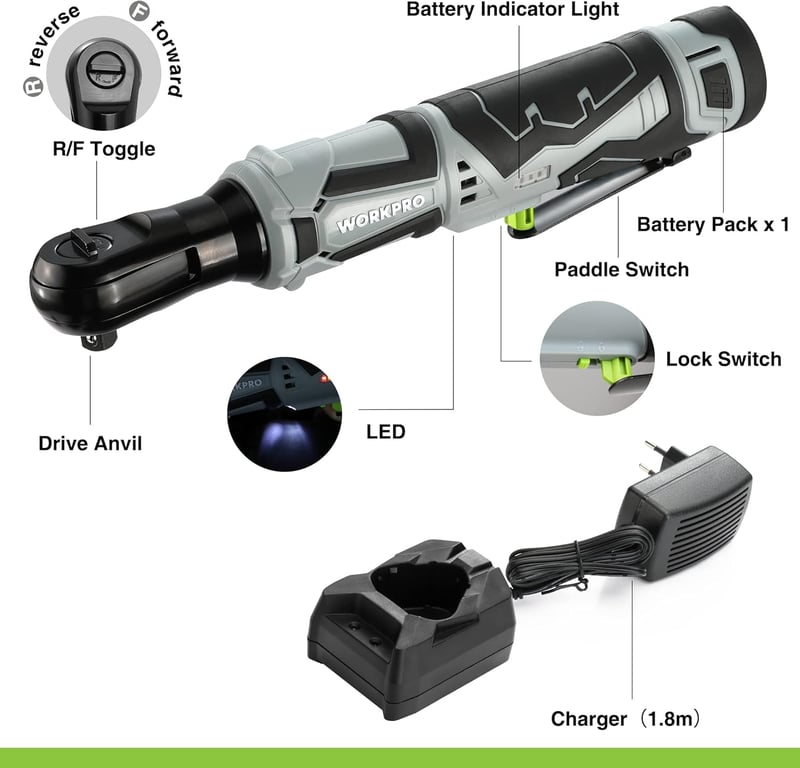 WORKPRO Elektromos Racsnis Kulcs Készlet, 12V, 55 Nm, 3/8" Méretű, LED Világítással, 2.0 Ah Akkumulátorral, 9 Dugókulccsal és Táskával