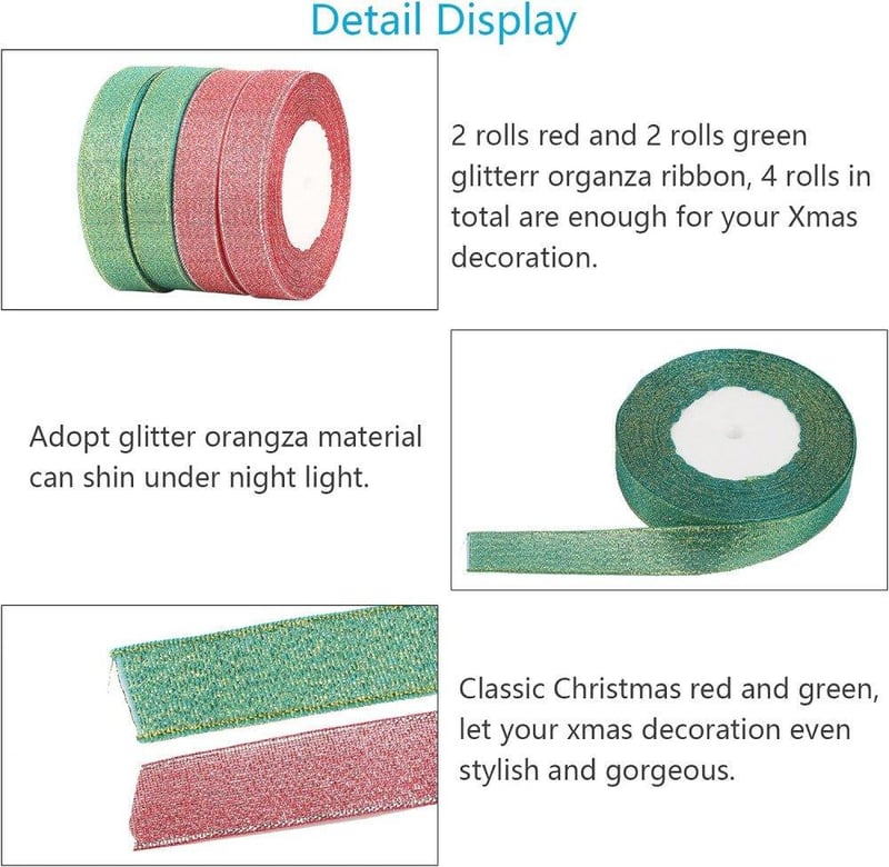 Piros-Zöld Csillogó Organza Szalag 22m, Karácsonyi Dekoráció 4db