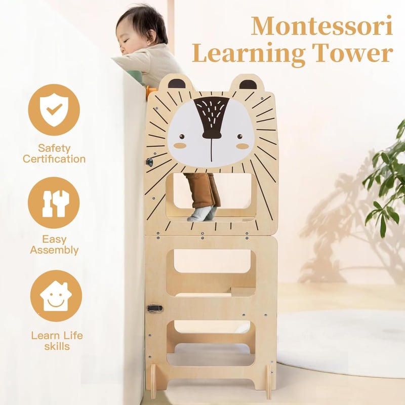 labebe Montessori Tanulótorony Gyerekeknek - Összecsukható Fa Konyhai Segítő Állvány 1 Éves Kortól, Táblával, 3 az 1-ben Funkció, 50 kg Tehe