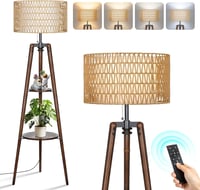 OUTON Fa Állólámpa LED Tripod Polccal - Távirányítós, 4 Színhőmérséklet, Időzítő, Dupla Lámpaernyő, Dió Színű, Nappali és Hálószoba Világítá 1
