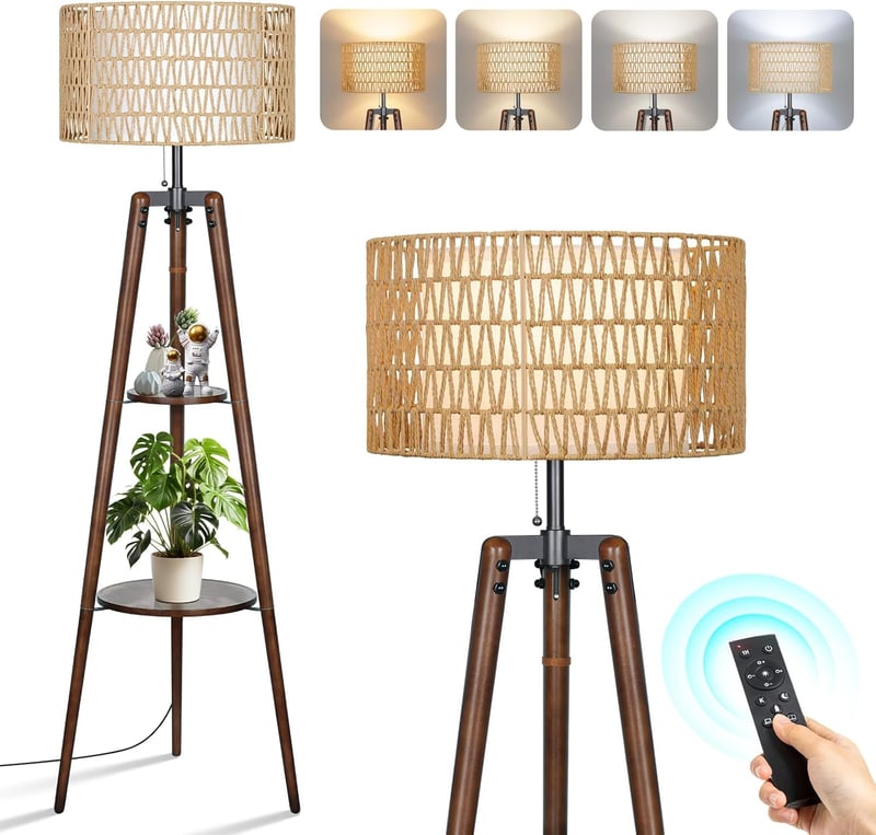 OUTON Fa Állólámpa LED Tripod Polccal - Távirányítós, 4 Színhőmérséklet, Időzítő, Dupla Lámpaernyő, Dió Színű, Nappali és Hálószoba Világítá
