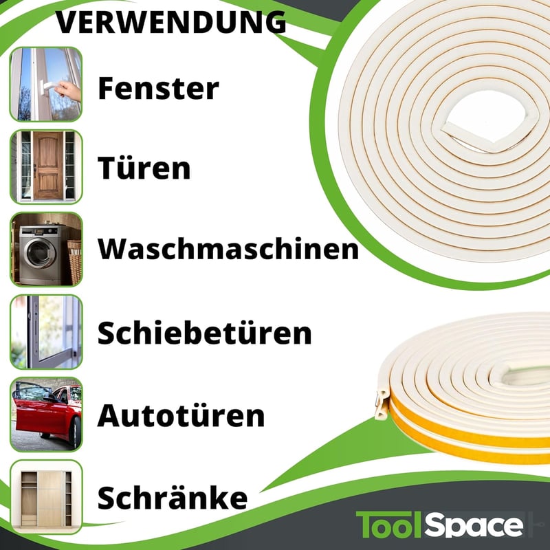 ToolSpace Öntapadós Ajtó- és Ablakszigetelő Szalag, 6m, E-Profil, Fehér, Gumi Tömítés, Por- és Rovarvédelem, Energiatakarékos, Bel- és Külté