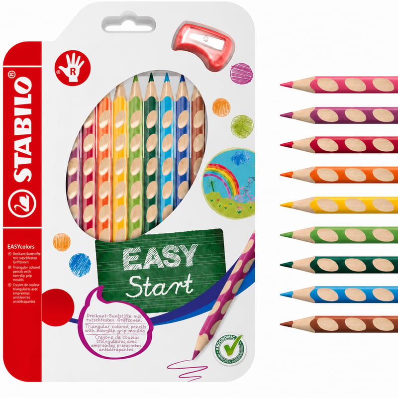Creioane colorate ergonomice triunghiulare STABILO EASYcolors pentru dreptaci - set de 9 culori asortate, cu ascuțitoare