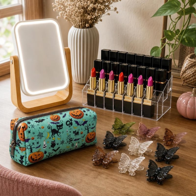 Beauty kutak: ogledalo s povećanjem + stalak za 24 ruža + 11 leptir ukosnica + kozmetička torbica