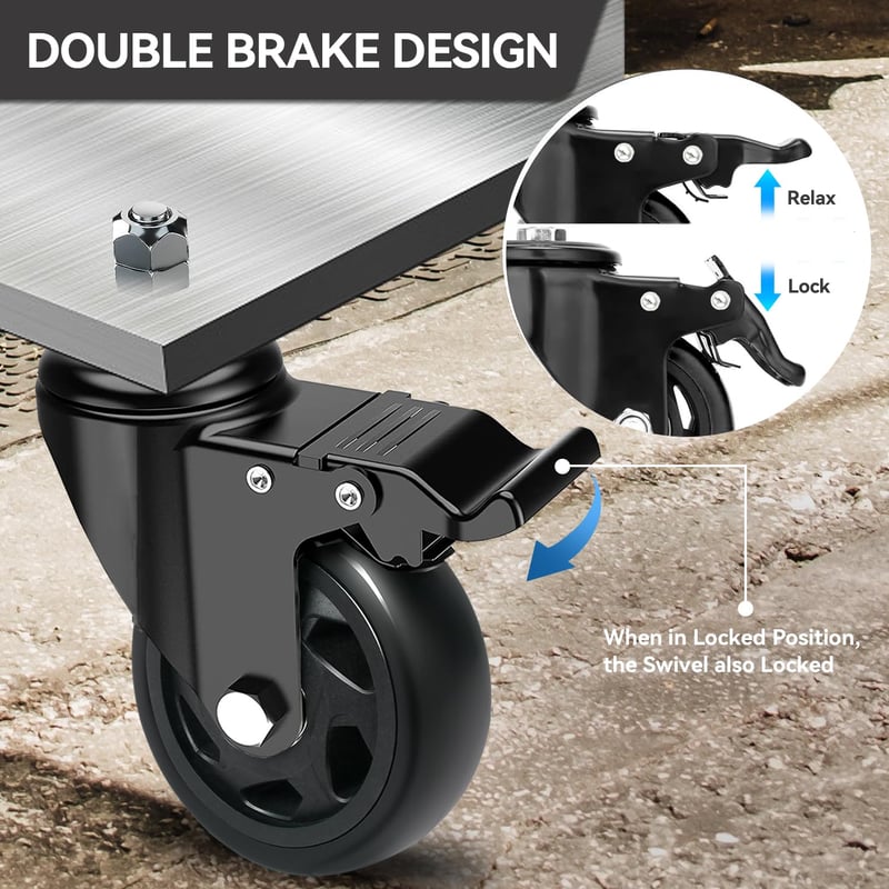 RRIUTO Bútor Görgő Fékkel - 75 mm Forgó Kerekek M10x30 mm Csavarral, 360° Forgás, Dupla Csapágy, 4 db Teherbíró Kerék Bútorokhoz, 400 kg Teh