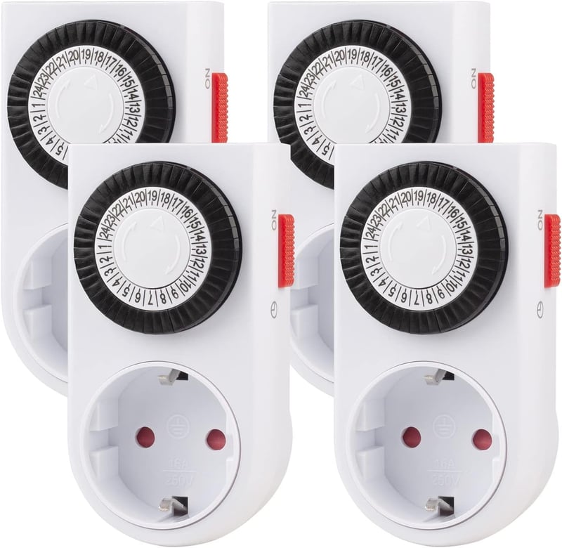 HBN Mechanikus Időzítő Konnektor 16A/3680W - Gyerekzáras, 4 db-os Szett, 24 Órás Program, Beltéri Analóg Időkapcsoló Lámpákhoz, 30 Perces Ka