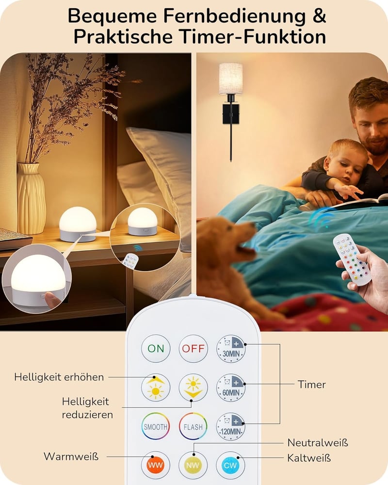 EDISHINE 2 db Akkumulátoros Fali Lámpa - Vezeték Nélküli RGB LED Világítás Távirányítóval, 12 Szín, 2 Dinamikus Mód, USB Tölthető, Fekete