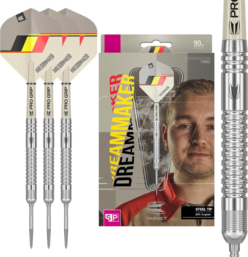 Target Darts Dimitri Van den Bergh Dream Maker G2 90% Volfrám Nyilas Darts Készlet - 21g/23g/25g - Swiss Point Acél Heggyel - Profi Grip