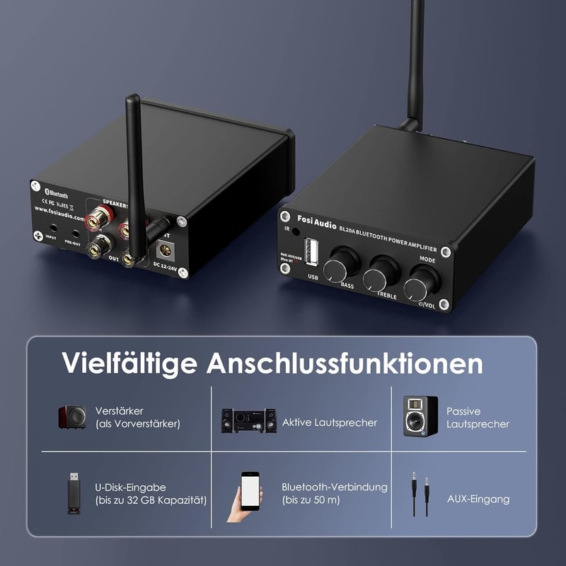 Fosi Audio BL20 Bluetooth 5.0 Mini Hi-Fi Erősítő 100W, Távirányítóval