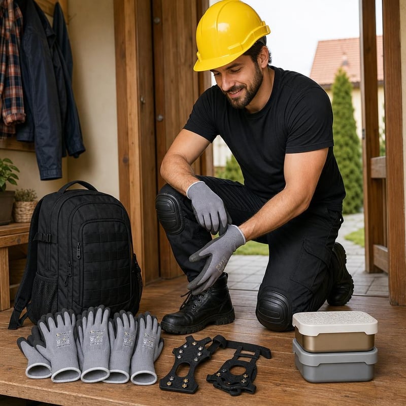 Kit Start Muncă: cască + 6 perechi mănuși nitril + pantaloni cu genunchiere + accesorii antiderapante + caserolă