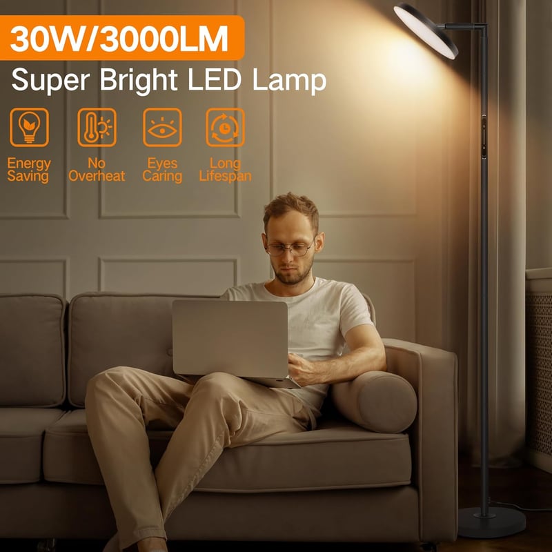OUTON 2 az 1-ben LED Állólámpa 30W/3000LM - Távirányítós, Érintésvezérelt, 4 Színhőmérséklet, Időzítő, Olvasólámpa Nappaliba, Hálóba, Irodáb