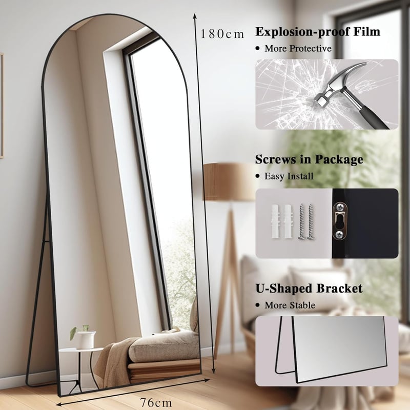 LunaMirror Íves Álló Tükör 180 x 76 cm - Teljes Alakos Padlótükör Hálószobába, Nappaliba, Előszobába - Fekete Fali Tükör
