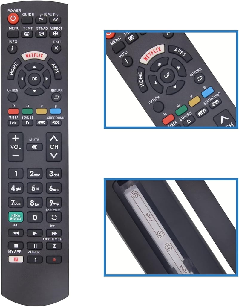 FOXRMT Univerzális Távirányító Panasonic TV-hez - Kompatibilis HDTV LCD LED Smart TV Modellekkel, Netflix és Viera Link Gombokkal, Programoz