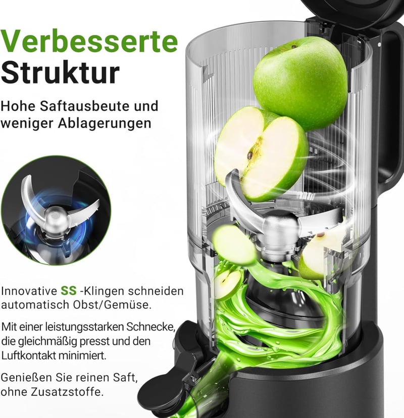 AOBOSI Slow Juicer 126 mm Extra Széles Adagolónyílással - Egész Gyümölcsök Préselésére, Erőteljes Motorral, Hármas Szűrőrendszerrel, Fekete
