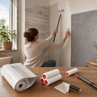 Set za renovaciju zidova: 1x vinyl tapeta + 24x naljepnice za pločice + 1x teleskopski valjak + 1x gletar 1