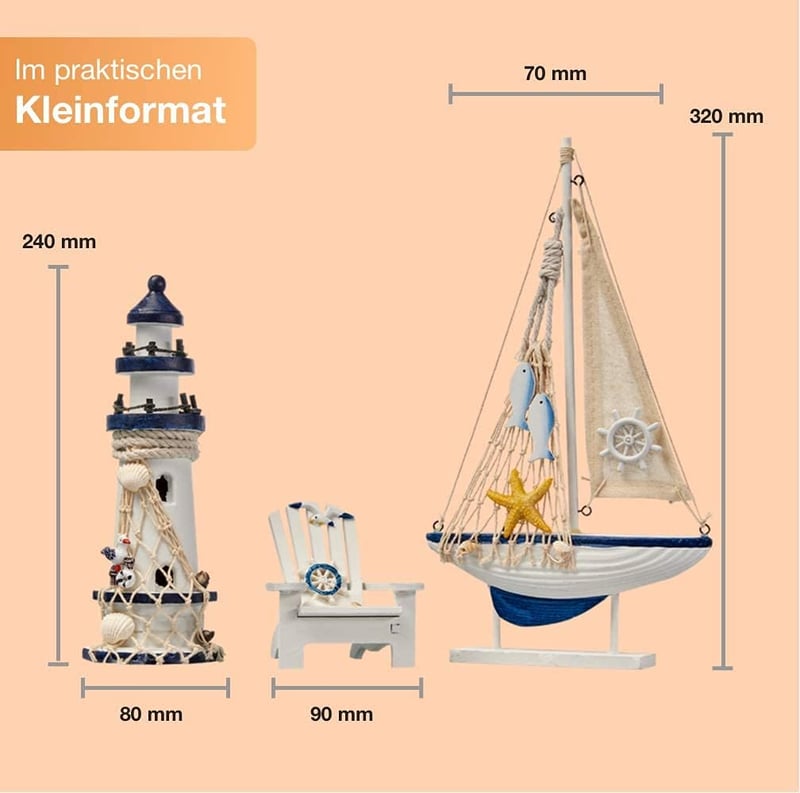 Flanacom Tengerparti Fürdőszoba Dekoráció Szett - 3 Részes Fa Világítótorony, Vitorláshajó és Strandszék - Modern Tengeri Lakásdekoráció Ajá - Design 1
