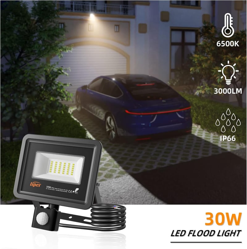 LIPER 50W LED reflektor mozgásérzékelővel, kültéri IP66 vízálló, 5000LM, hidegfehér