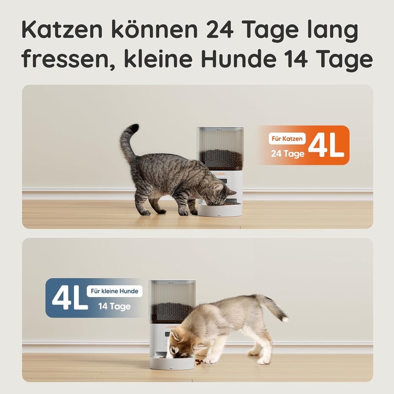 WOPET Automata Kisállat Etető 4L - Macskáknak és Kutyáknak, 180 Napos Akkumulátor, 1-6 Étkezés/Nap, Rozsdamentes Acél Tál, Fehér