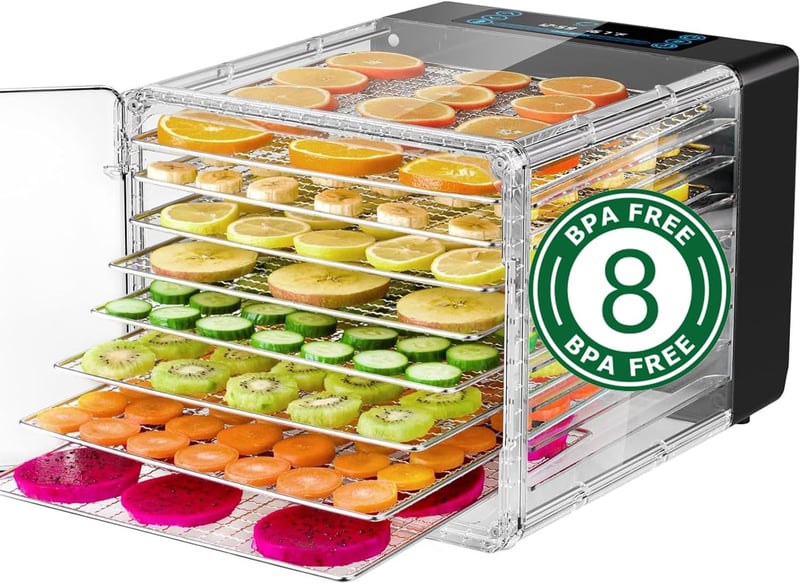 Reemix Aszaló 8 Szintes, 600W Teljesítményű, LED Kijelzős Gyümölcsszárító 30-75°C Hőmérséklet Szabályozással, 48 Órás Időzítővel, Mosogatógé
