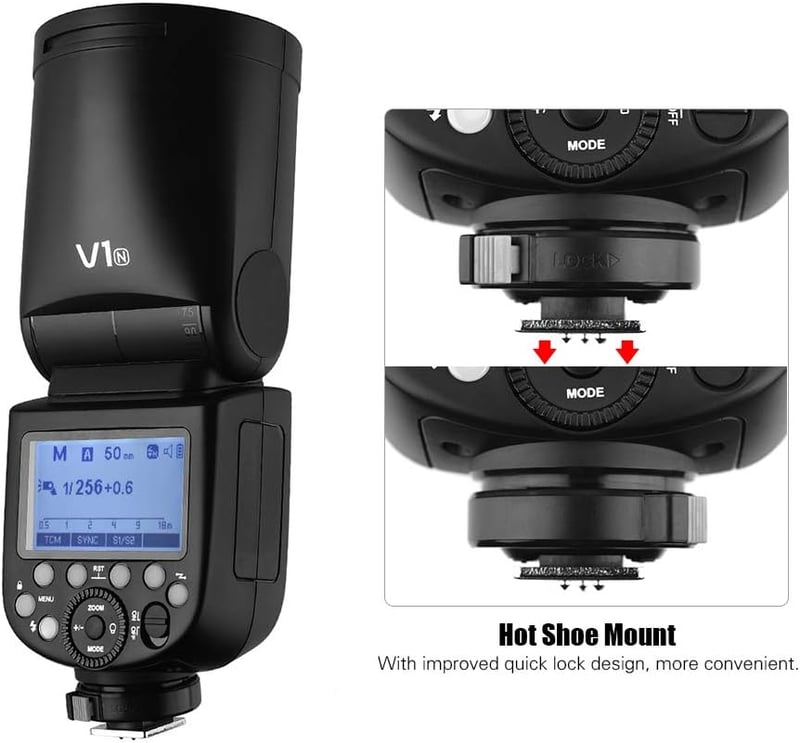 Godox V1N Professzionális Vaku Kerek Fejjel - 2.4G Vezeték Nélküli Fresnel Zoom Vakupapucs - Nikon D5300 D750 D850 D7100 Z7 Fényképezőgépekh