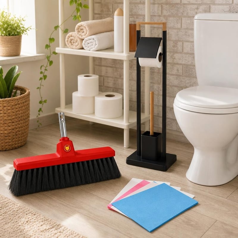 Set za čišćenje: sobna metla + 4 krpe za poliranje + WC četka + držač WC papira