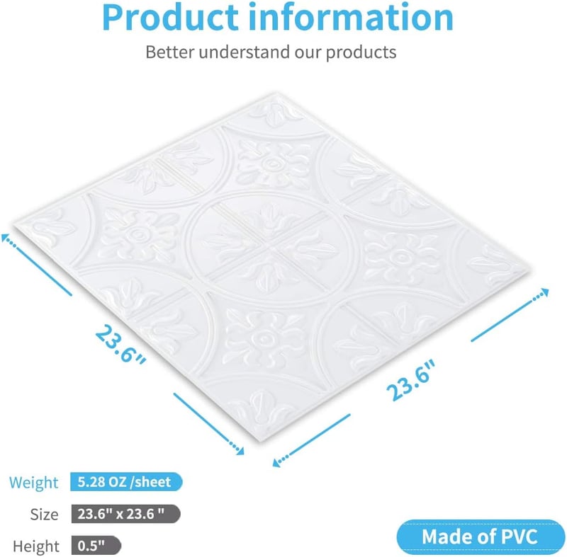 Art3d 3D Mennyezeti Panel Csomag - 12 db Klasszikus Fehér Fali Burkolat, 24" x 24", 4.5m² Öntapadós PVC Dekoráció