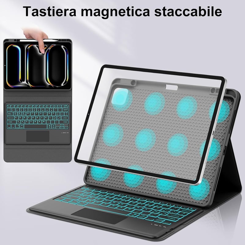 FOGARI iPad Pro 13 Inch (M4) 2024 Tok Billentyűzettel - 7 Színű Háttérvilágítás, Levehető Trackpad, Bluetooth QWERTY Billentyűzet, Fekete