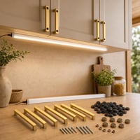 Konyhai ragyogás: 6 db arany fogantyú + 100 db fekete kupak + 8 db bronz kupak + 80 cm szenzoros LED pultfény 1