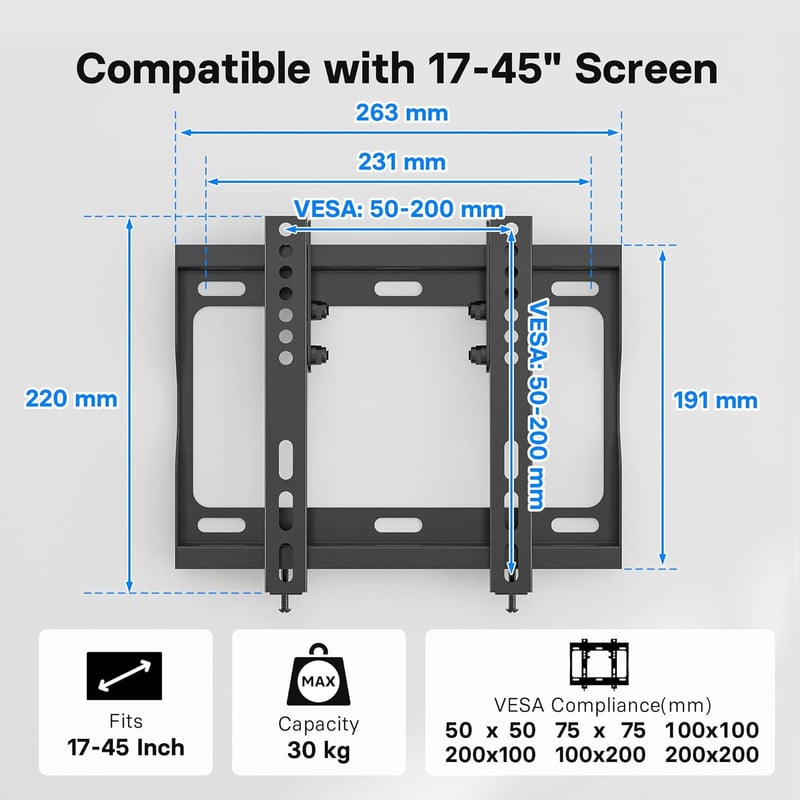 BONTEC TV Fali Tartó 17-45 Colos LED LCD OLED Képernyőkhöz, Dönthető Konzol 30 kg Teherbírással, VESA 200x200 mm, Légpárnával