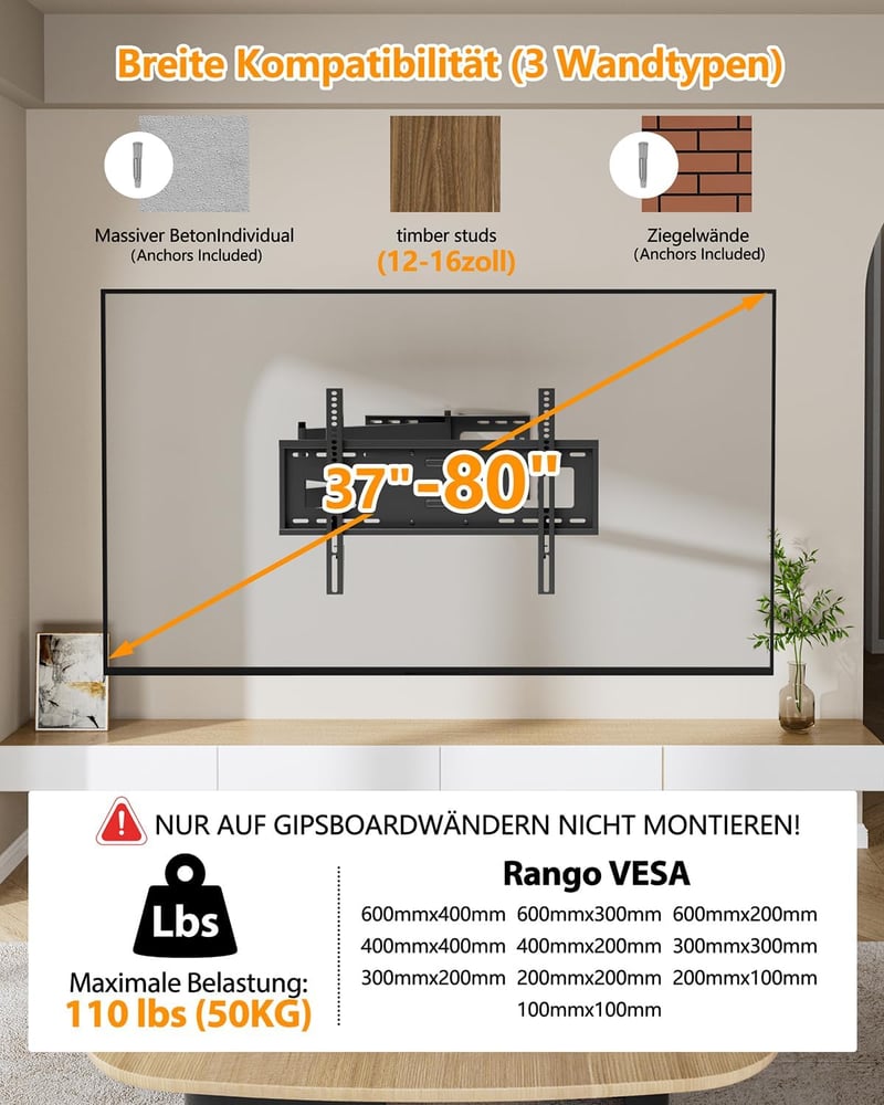 FORGING MOUNT TV Fali Tartó 32-80" Képernyőkhöz, 1090mm Hosszú Kinyúló Karral, 45kg Teherbírás, Dönthető, Forgatható, VESA 600x400mm