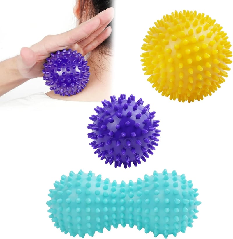 URAQT 3 db-os tüskés masszázslabda szett - Talp, kéz és nyak fájdalomcsillapításra - 3 Pack - Light Blue + Purple + Yellow