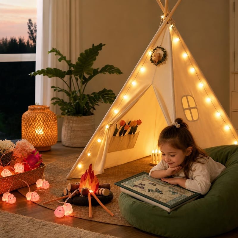 Dječji kutak za čitanje: tipi šator s lampicama + LED svjetlo + podložak za laptop s jastukom