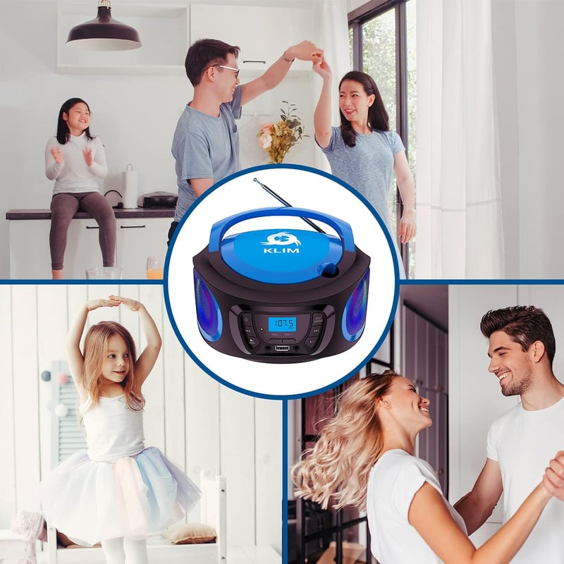 KLIM Boombox Hordozható CD Lejátszó - FM Rádió, Bluetooth, MP3, USB, AUX - Újratölthető Akkumulátor, Kompakt Kialakítás, RGB Világítás - Kék