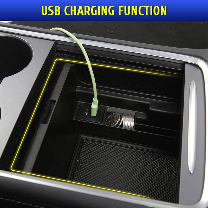 Tesla Model 3 Konzol Rendszerező - Kártyatartós, Érmetárolós, USB-s Fekete Tárolórekesz