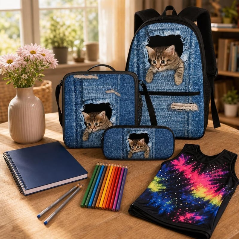 Cicás suliindító: macskás táskaszett + 2 db grafitceruza + A5 spirálfüzet + tornaruha
